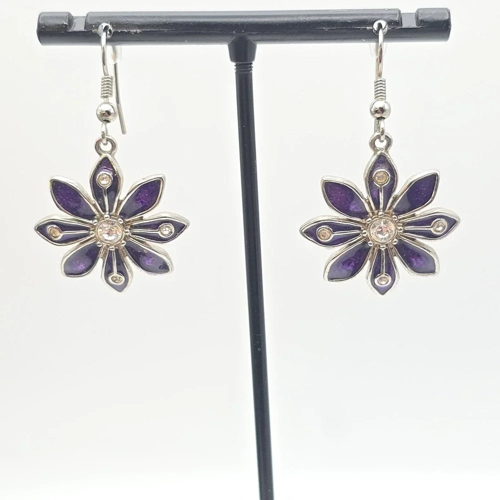 Signed C Earrings Purple Enamel Flower Clear Crystal Accents Dangle Silver‎ Tone